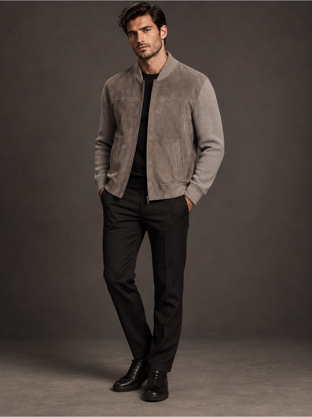 Zenga grey Cashmere & Suede Bomber Jacket